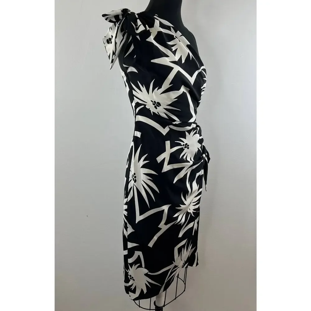 VINTAGE Black White Floral One Shoulder Knee Length Bodycon Bow Dress 2 4 VTG - Picture 2 of 7